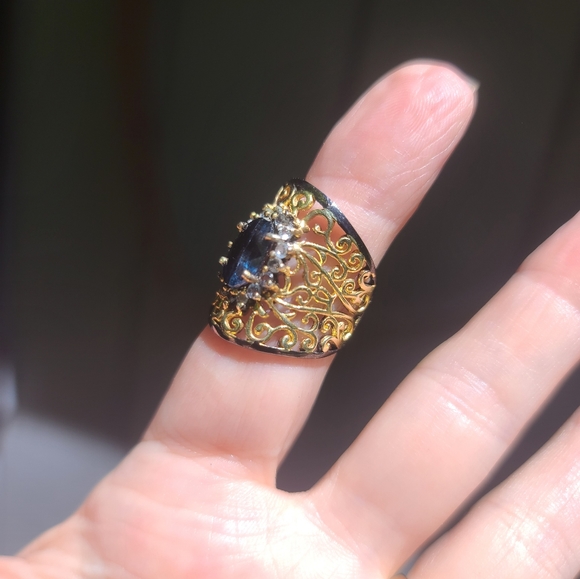 Kyanite 4k princess cut &Aquamarine Sterling Rhodium & gold finger cuff sz6 - Picture 6 of 8